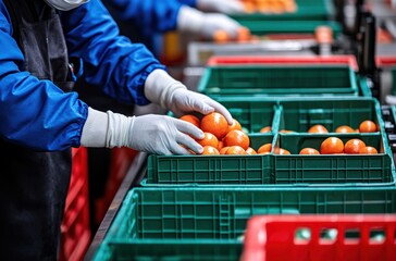 Male worker sorting citrus fruits in a protective outfit at a distribution center.