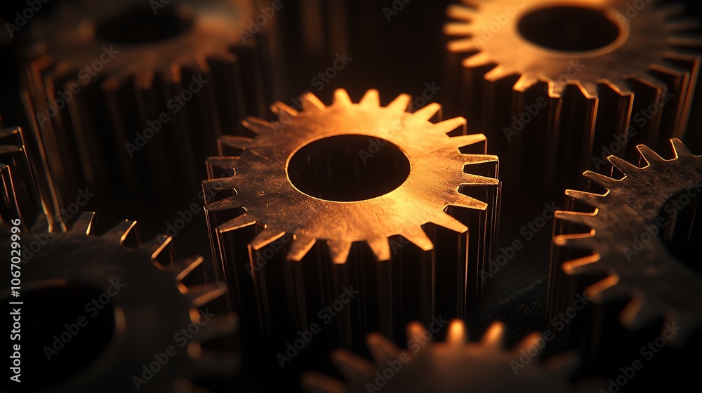 Fototapete close-up view of interlocking gears, showcasing intricate details and warm lighting, emphasizing mec