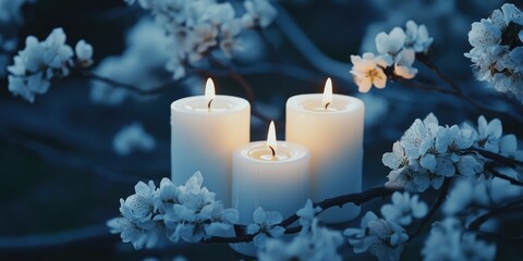 Soft lit candles in a floral setting, conveying tranquility and warmth.