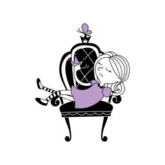 The Princess is bored. Sketch black and purple illustration.