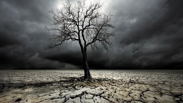 A lone, leafless tree stands in a barren, cracked field under a dark, stormy sky