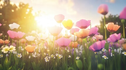 Obraz premium Breathtaking sunrise illuminates a vibrant flower field filled with colorful blooms