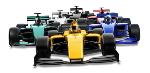 Pack or group  of colorful formula race cars in yellow blue red green and black racing in slipstream isolated white background . Fast dynamic thrilling motorsport background concept