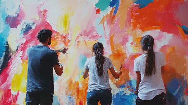 Collaborative Mural Creation by a Team of Artists. Showcasing a team of artists engaged in colorful mural painting, emphasizing creativity, collaboration, and artistic expression in their work.