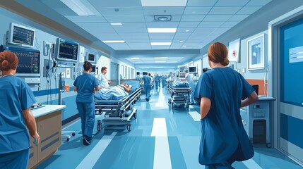 Emergency Room Scene with Nurses Attending Patients in a busy hospital setting, showcasing the urgency and teamwork in medical care.