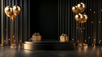 A 3D render image of a product presentation stage, featuring a celebration podium adorned with golden helium balloons and gift boxes.