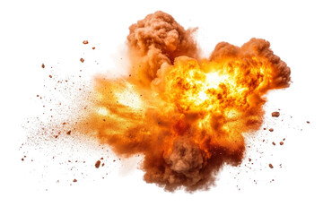 Dramatic explosion with fiery flames and smoke billowing in diverse directions against a transparent background