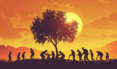 Design a whimsical, animated art style image that shows silhouettes of people planting a tree, representing growth and the establishment of new roots.