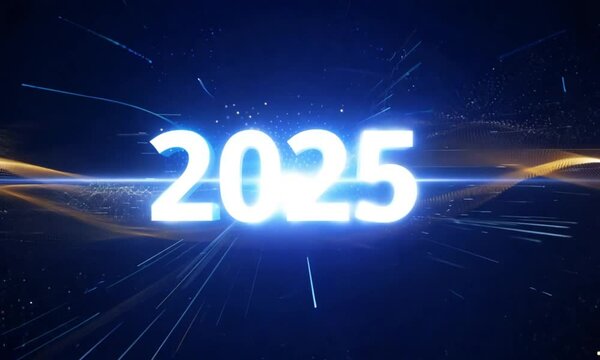 Year 2025 in white glow on dark blue, perfect for futuristic concepts, technology trends, calendars, or New Years themed designs.