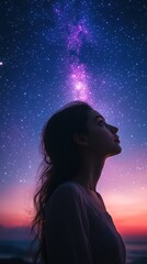 A Woman Gazes Up at a Starry Night Sky with a Purple Galaxy