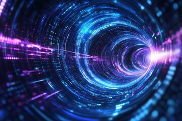 Fototapeta premium Digital vortex with glowing blue and purple lights, swirling patterns, and depth