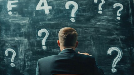 Man contemplating the complexity of mathematical questions written on chalkboard, suggesting a focus on problem-solving or educational themes.