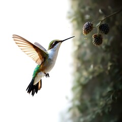 Fototapeta premium Beautiful Hummingbird Hovering Near Berries in Nature Setting