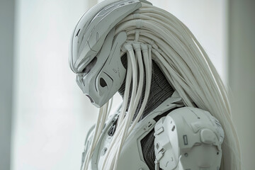 A close up of a robot with long white hair