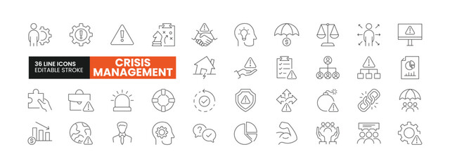 Set of 36 Crisis Management line icons set. Crisis Management outline icons with editable stroke collection. Includes Strategy, Natural Disaster, Emergency, Decision, Prevention, and More.