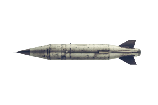 Military missile with a sleek design shown on a transparent background for educational purposes, highlighting its structure and engineering