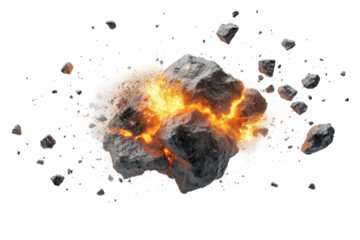 Explosive rock shattering with fiery bursts and flying debris in dynamic action against a transparent background