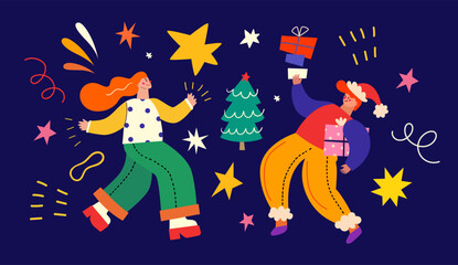 Merry Christmas holiday illustration. Christmas decorative banner with fun people, Christmas tree and gifts. People are dancing, having fun and celebrating Christmas