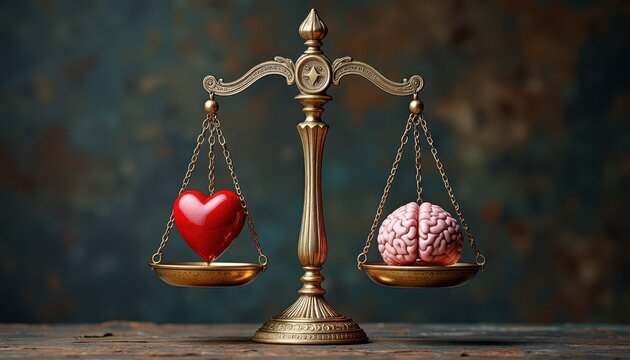 Balance of emotion and logic: heart and brain on brass scales