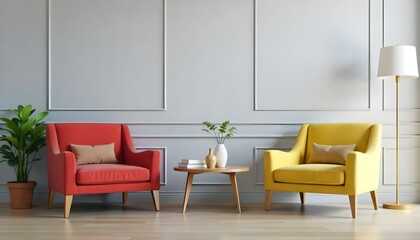 A modern living room with a red sofa, a yellow armchair, and a wooden side table in the center