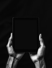 Image of hands holding a tablet, emphasizing the use and interaction with modern devices.