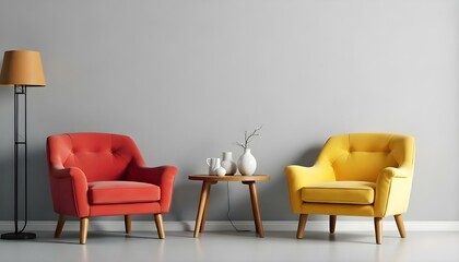 A modern living room with a red sofa, a yellow armchair, and a wooden side table in the center