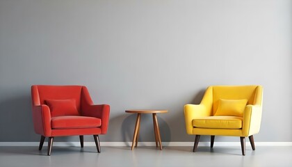 Fototapeta premium A modern living room with a red sofa, a yellow armchair, and a wooden side table in the center