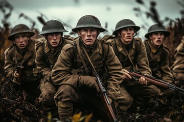 Fototapeta premium Soldiers in battle-ready stance, intense expressions, World War I uniforms, rifles