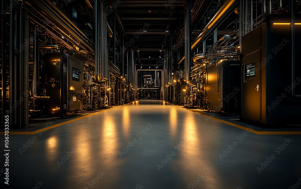 Poster a dimly lit industrial corridor with metallic features and glowing lights, creating a futuristic and