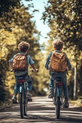 Two young boys with backpacks on bicycles, enjoying a summer day outdoors.