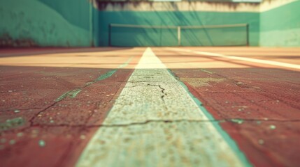 An old abandoned tennis court with worn line markings.
