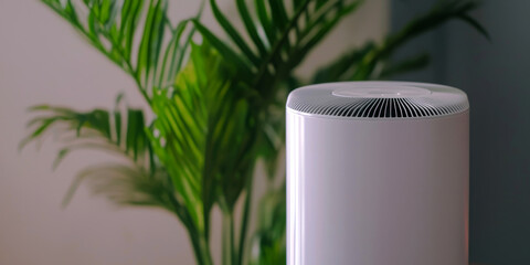 A modern air purifier stands elegantly beside a lush green plant, highlighting a blend of technology and nature in a serene indoor setting.