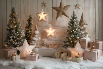 Christmas tree with star topper, twinkling lights, festive decor.