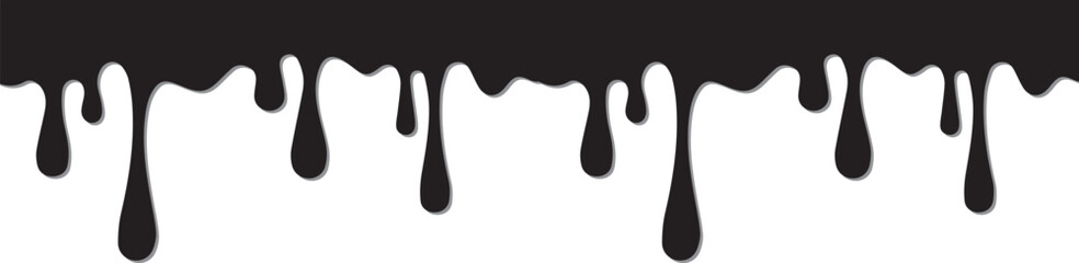 Drip of oil silhouette vector, sauce or paint on transparent background. Black chocolate melt liquid splash border. Vector ink drops seamsless pattern