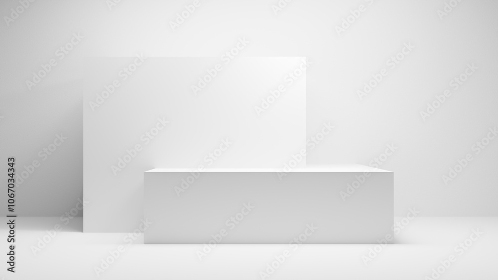 Fototapete White table background. White empty Table platform cube with spotlight in white empty studio room. White display wall platform presentation, - white geometrical forms cube place mock up for products