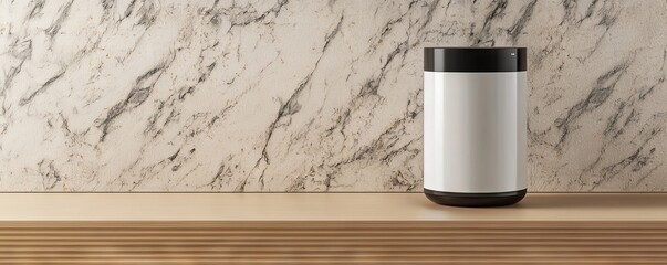 A sleek modern kitchen appliance sits on a wooden shelf against a textured marble wall, blending style and functionality.
