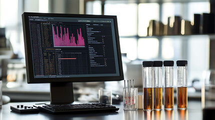 A computer screen displaying data analysis in scientific research and experimentation and test tubes at high tech laboratory