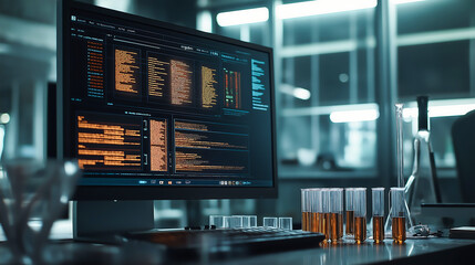 A computer screen displaying data analysis in scientific research and experimentation and test tubes at high tech laboratory