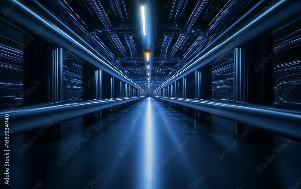 Poster a futuristic data center corridor illuminated by blue lights, showcasing server racks lining the wal