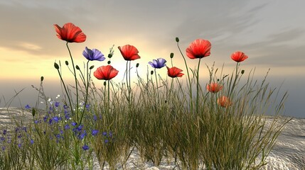 Obraz premium Vibrant wildflowers grace the horizon creating a stunning nature landscape at sunset