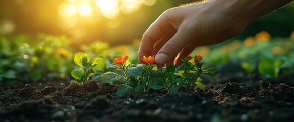 Fototapeta premium Hand Gently Tending to Small Orange Flowers in a Garden