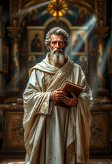 Naklejka premium Clergyman in orthodox church surrounded by iconography for new year celebrations