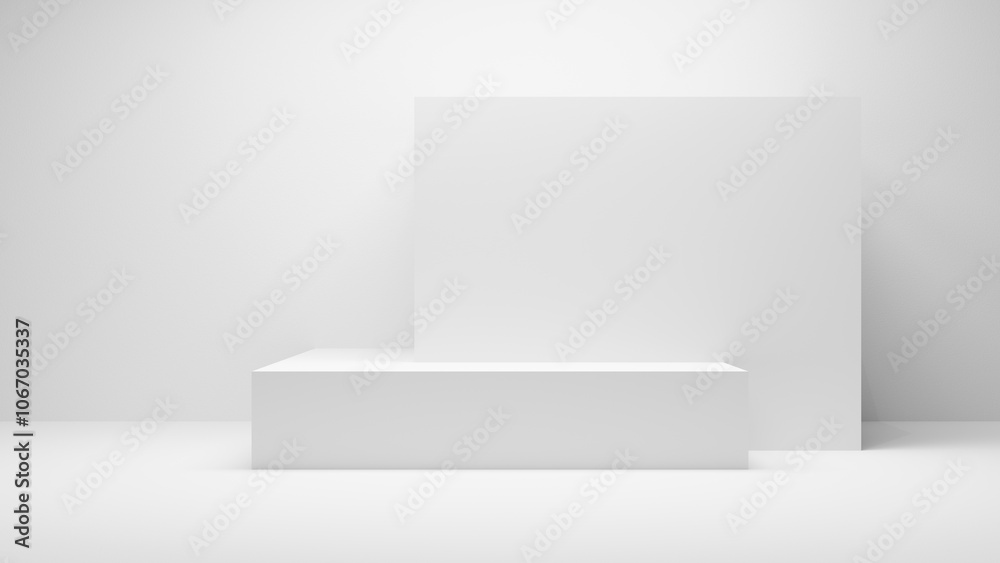 Aufkleber White table background. White empty Table platform cube with spotlight in white empty studio room. White display wall platform presentation, - white geometrical forms cube place mock up for products