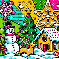 Obraz premium Pop colorful illustration of a Christmas scene with a snow man, cabin, snow, a tree and presents, reindeer, stars