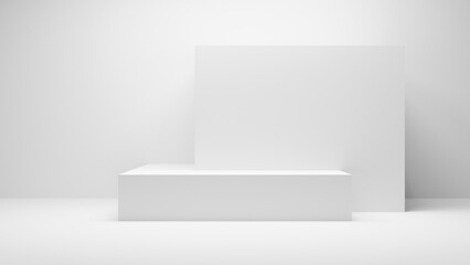 White table background. White empty Table platform cube with spotlight in white empty studio room. White display wall platform presentation, - white geometrical forms cube place mock up for products