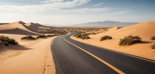 Fototapeta premium Winding asphalt road through a vast sandy desert landscape