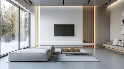 Modern minimalist living room design featuring a large window, stylish furniture, and a sleek television setup in a contemporary setting