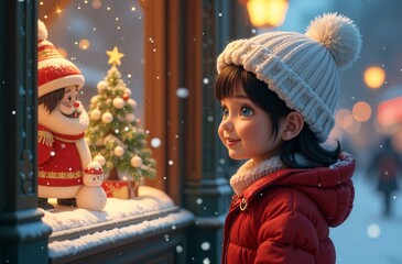 Adorable little girl kid looking through the display window at Christmas decoration in the shop, new year, holyday,banner