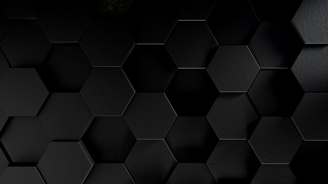 Black abstract seamless pattern with black hexagons. Hexagons texture pattern background copy space. Black abstract geometric shapes. Minimalistic black background