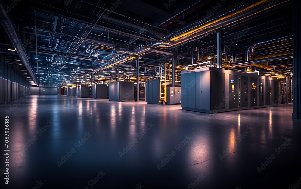 Poster A spacious data center illuminated by vibrant lights, featuring rows of server racks in a modern, high-tech environment.